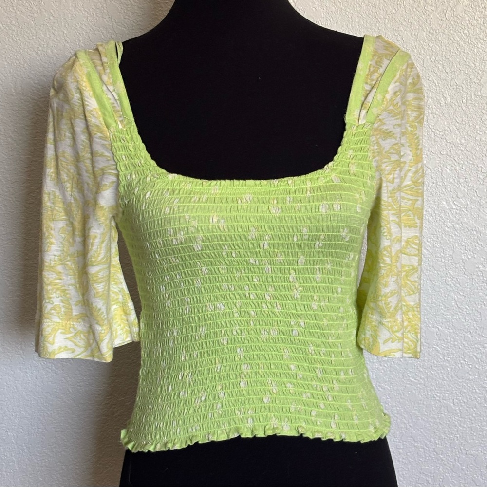 Free People square neck floral print top | Small | lime green and yellow